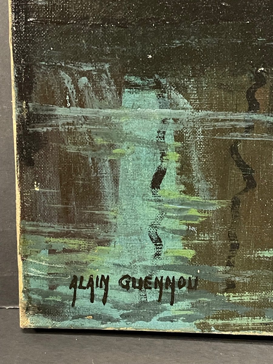 Unique Night Landscape Painting Signed Alain Guennou Oil On Canvas Brittany-photo-3