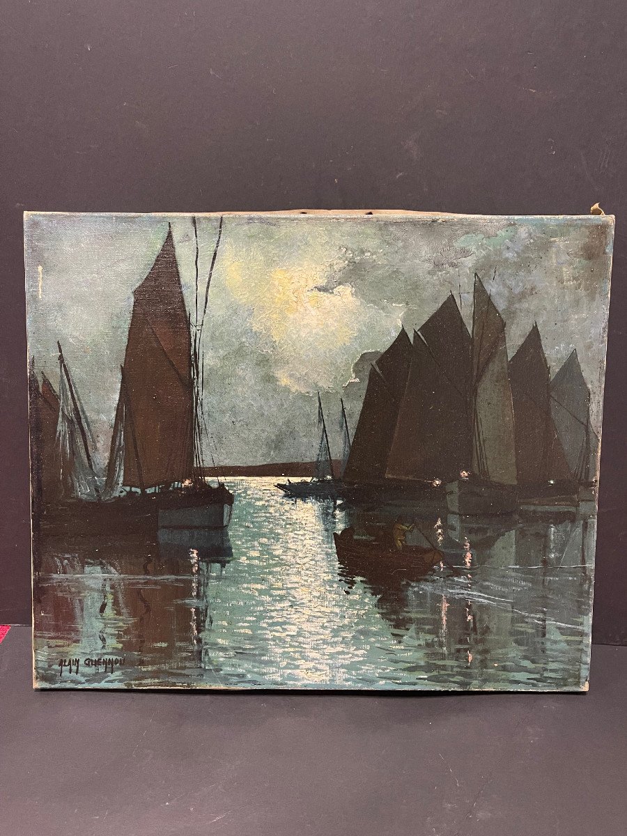 Unique Night Landscape Painting Signed Alain Guennou Oil On Canvas Brittany-photo-4