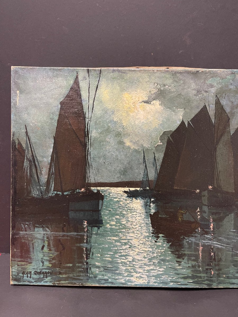 Unique Night Landscape Painting Signed Alain Guennou Oil On Canvas Brittany-photo-1
