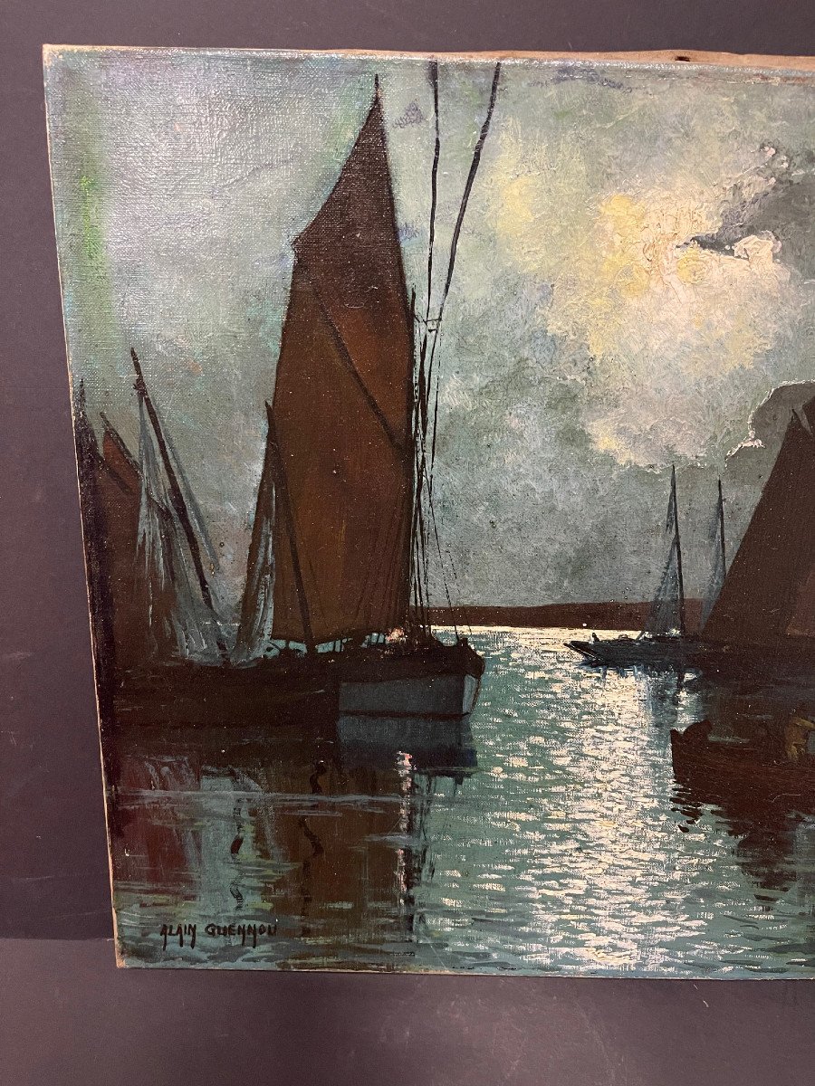 Unique Night Landscape Painting Signed Alain Guennou Oil On Canvas Brittany-photo-4