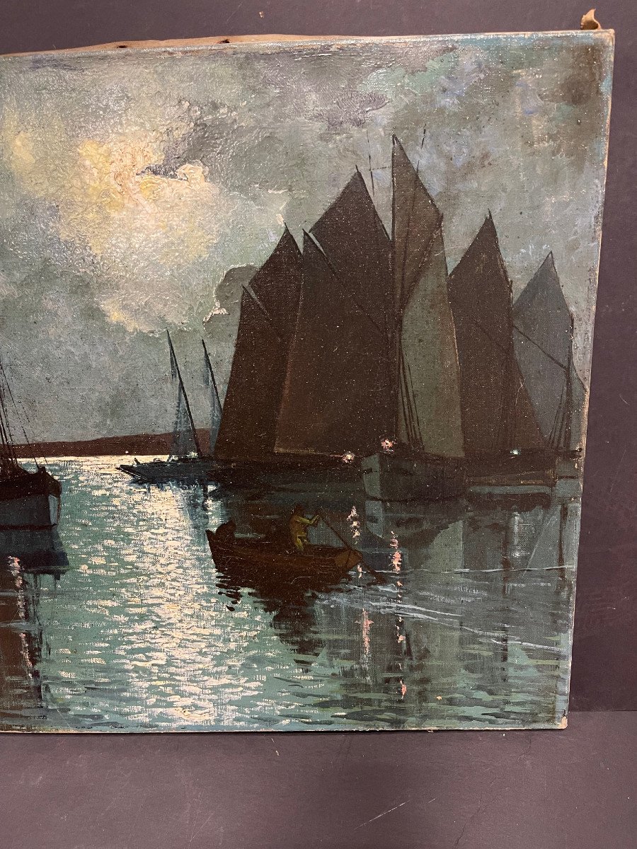 Unique Night Landscape Painting Signed Alain Guennou Oil On Canvas Brittany-photo-5