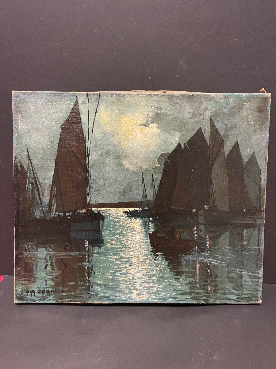 Unique Night Landscape Painting Signed Alain Guennou Oil On Canvas Brittany