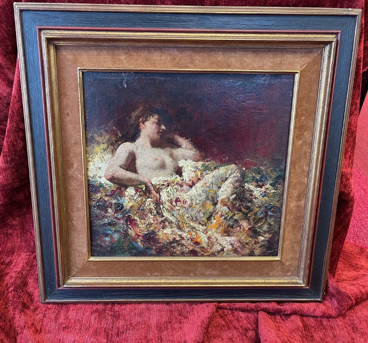 XIXème Siècle Huile Sur Panneau Acajou Curiosa Nu Féminin Portrait Femme Tableau-photo-1