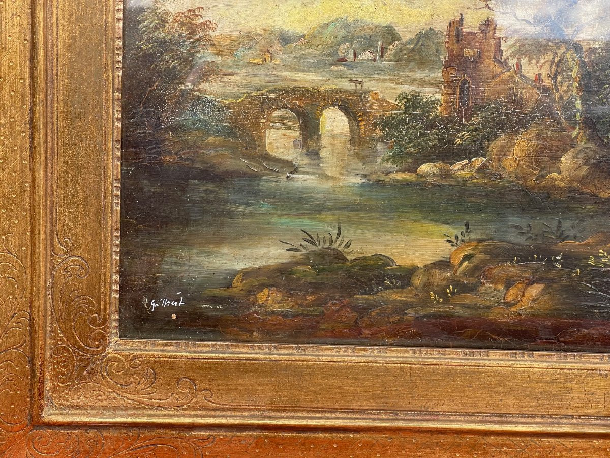 Tableau Paysage Ruines Signé Gilbert / Kaufmann Huile Sur Cuivre XIXème-photo-1