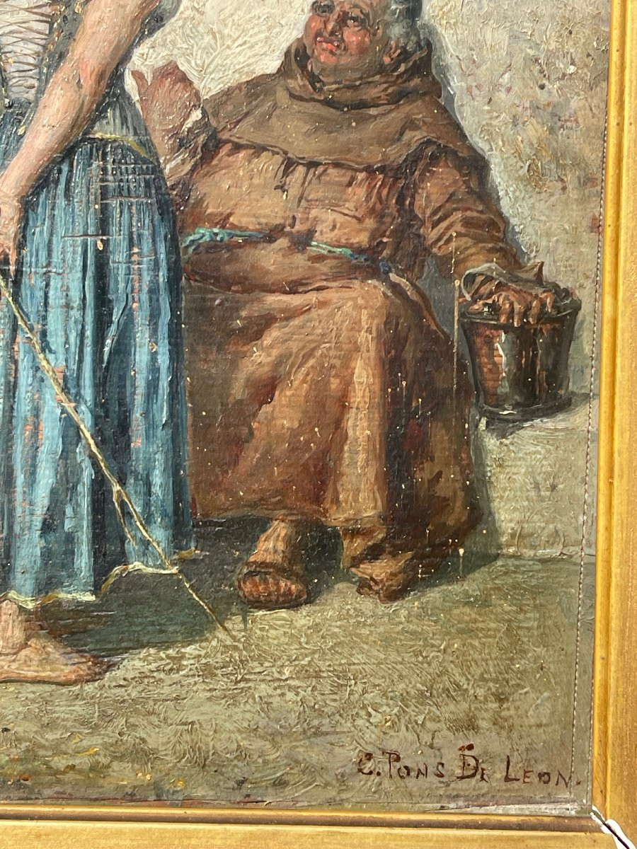 Tableau XIXe huile bois scène galante Gitane & moine Esmeralda peinture signée-photo-2