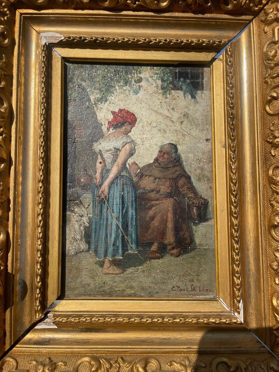 Tableau XIXe huile bois scène galante Gitane & moine Esmeralda peinture signée-photo-3