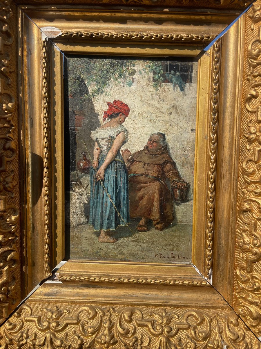 Tableau XIXe huile bois scène galante Gitane & moine Esmeralda peinture signée-photo-4