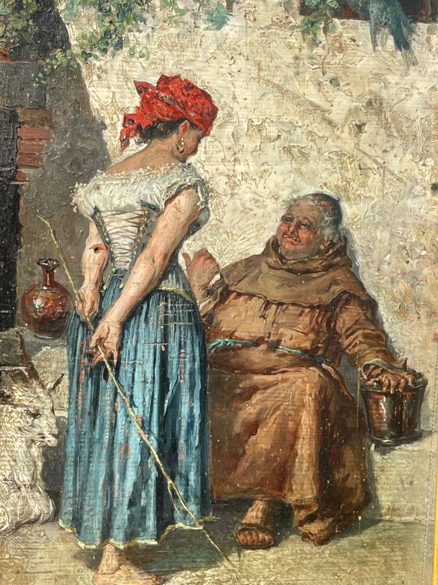 Tableau XIXe huile bois scène galante Gitane & moine Esmeralda peinture signée-photo-3