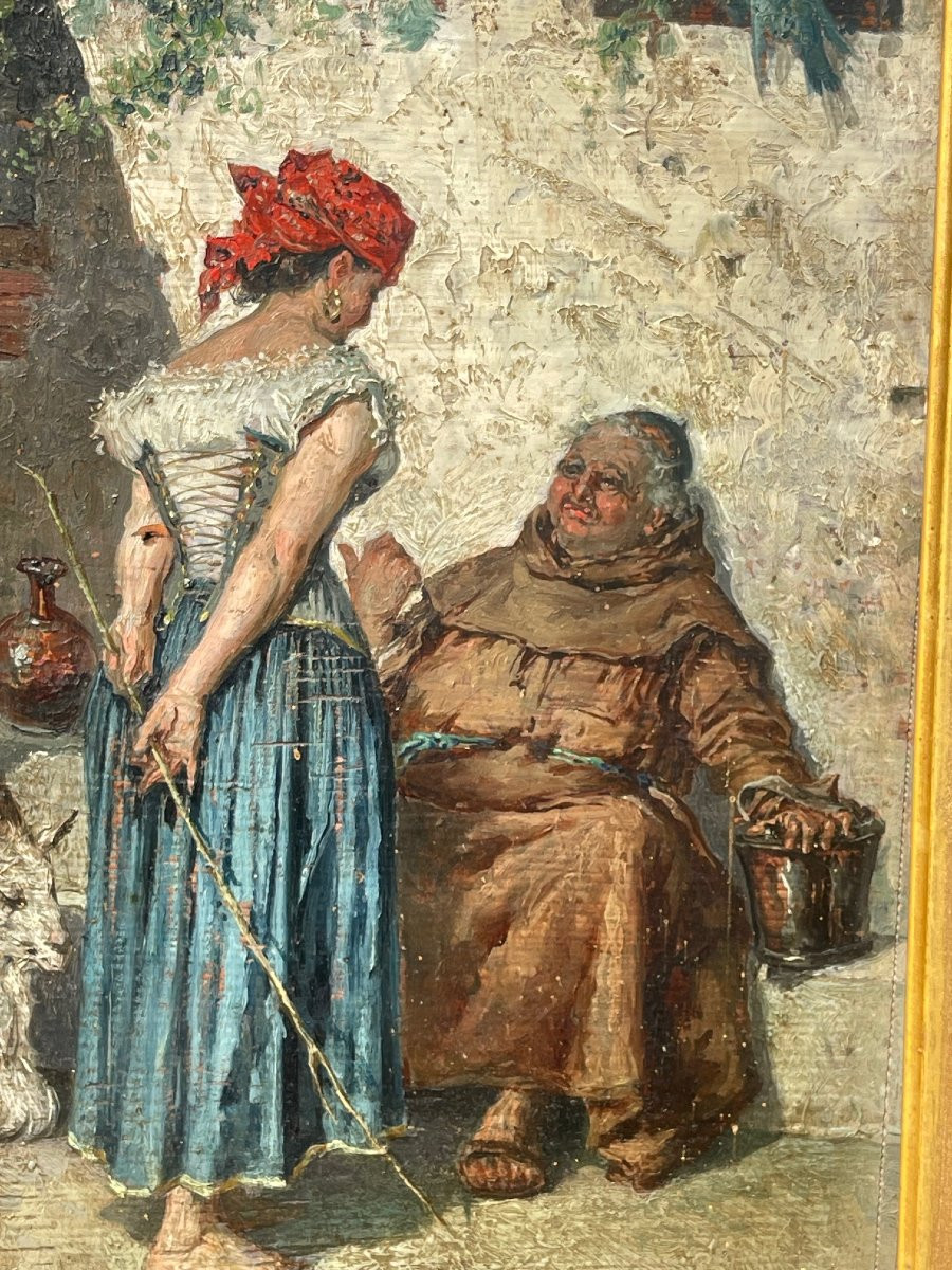Tableau XIXe huile bois scène galante Gitane & moine Esmeralda peinture signée-photo-5