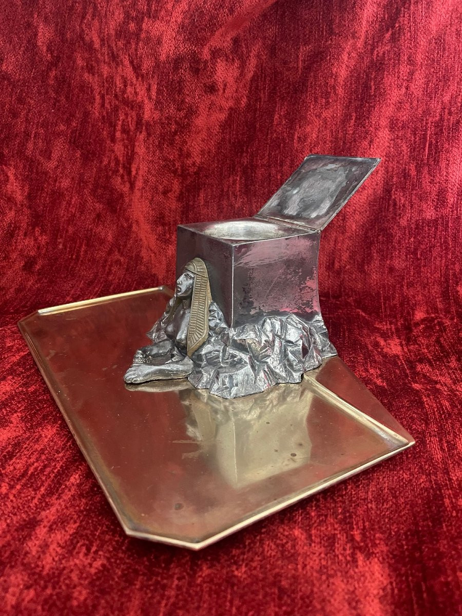 Egyptomanie Silver-plated Metal Inkwell Wmf Hallmarks Sphinx Sphinx Egypt-photo-2
