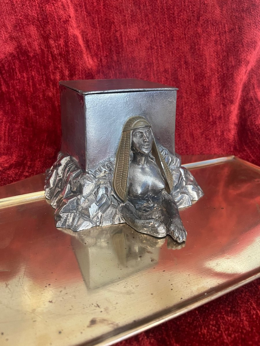 Egyptomanie Silver-plated Metal Inkwell Wmf Hallmarks Sphinx Sphinx Egypt-photo-3
