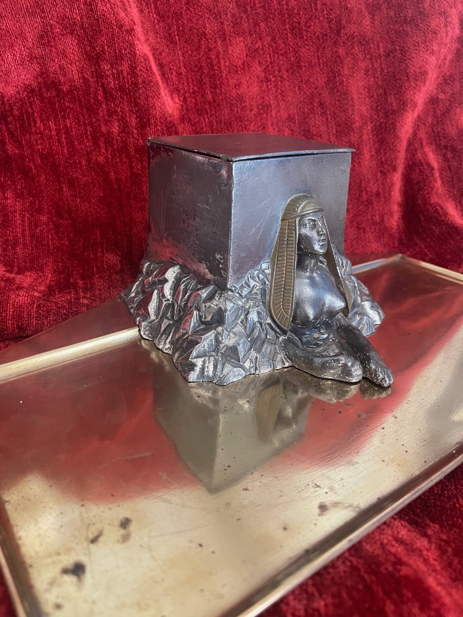 Egyptomanie Silver-plated Metal Inkwell Wmf Hallmarks Sphinx Sphinx Egypt-photo-3