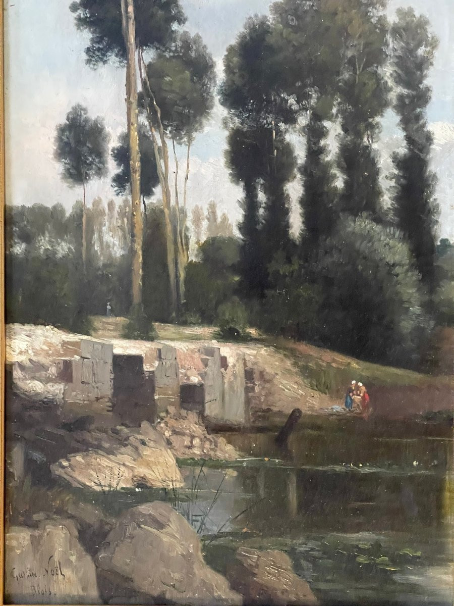 Tableau signé Gustave Noel XIXème lavandières paysage Blois impressionisme huile sur toile-photo-1