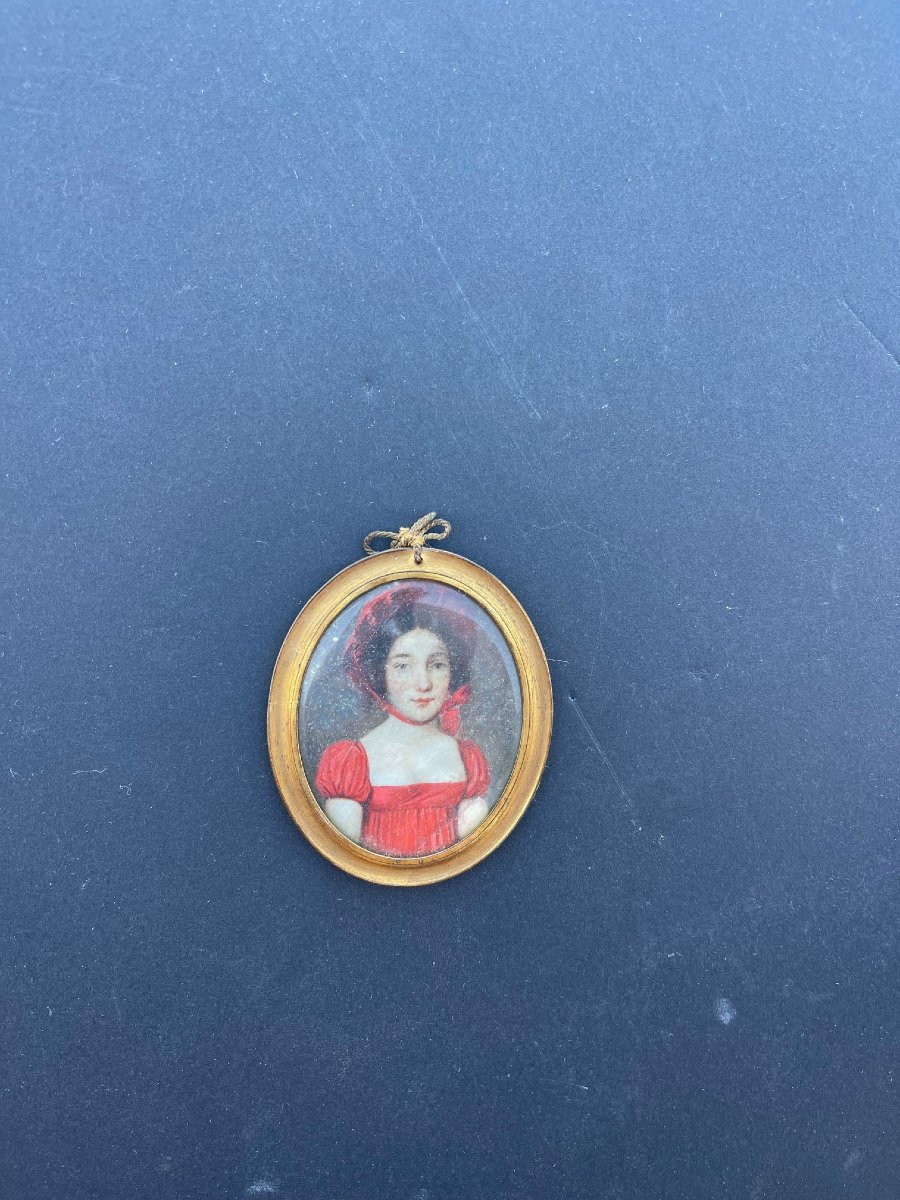 19th Century Miniature Painting, First Empire, Portrait Of A Young Woman In A Red Dress-photo-3