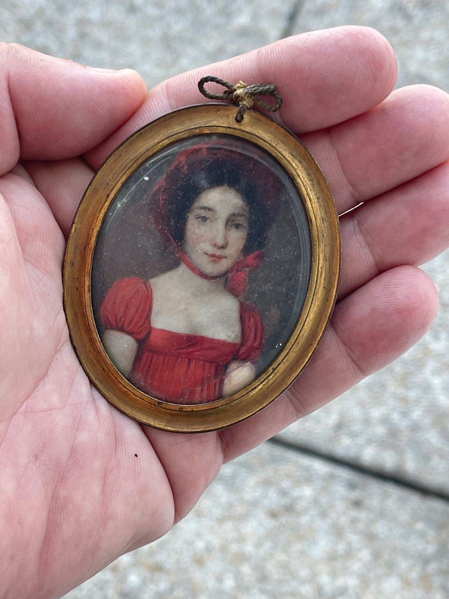 19th Century Miniature Painting, First Empire, Portrait Of A Young Woman In A Red Dress-photo-2