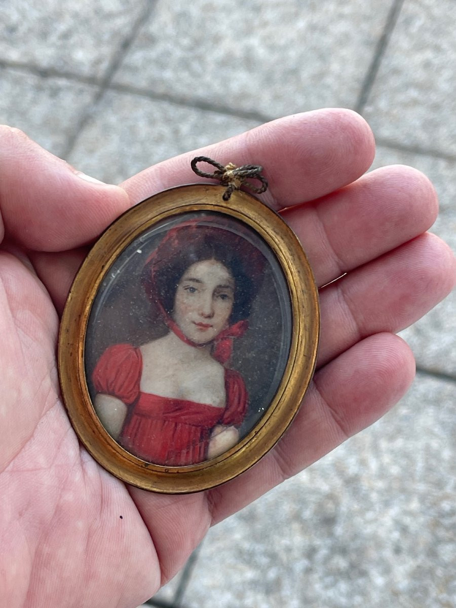 19th Century Miniature Painting, First Empire, Portrait Of A Young Woman In A Red Dress-photo-3