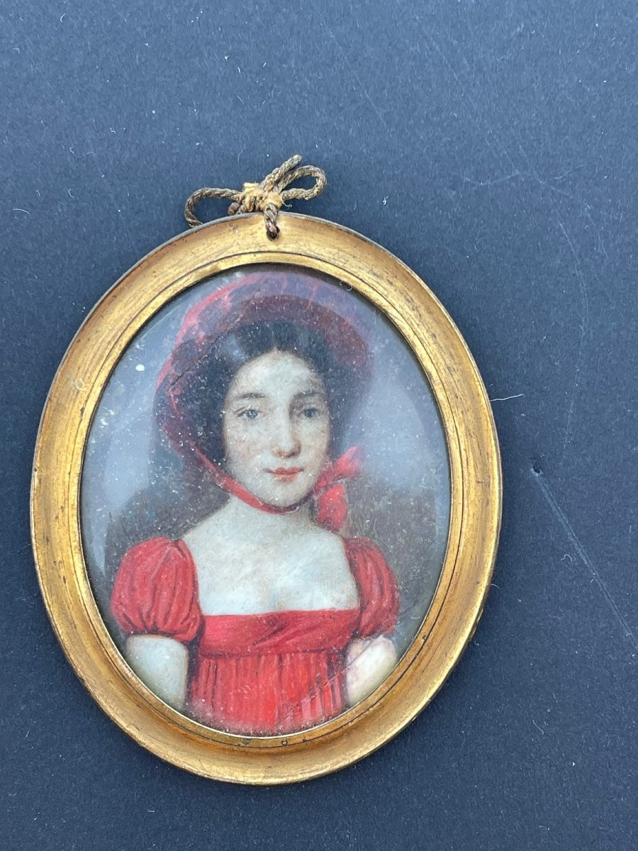 19th Century Miniature Painting, First Empire, Portrait Of A Young Woman In A Red Dress-photo-7