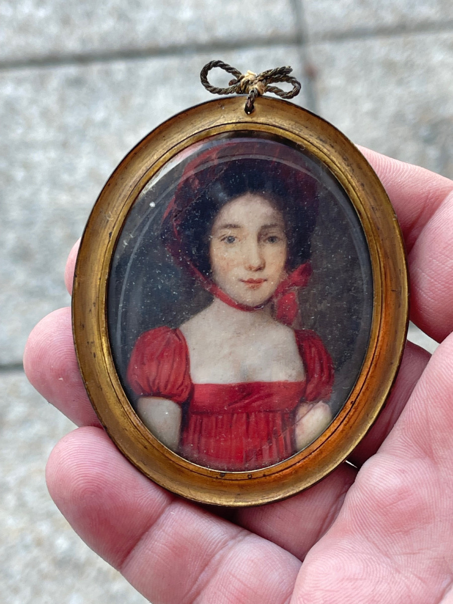 19th Century Miniature Painting, First Empire, Portrait Of A Young Woman In A Red Dress