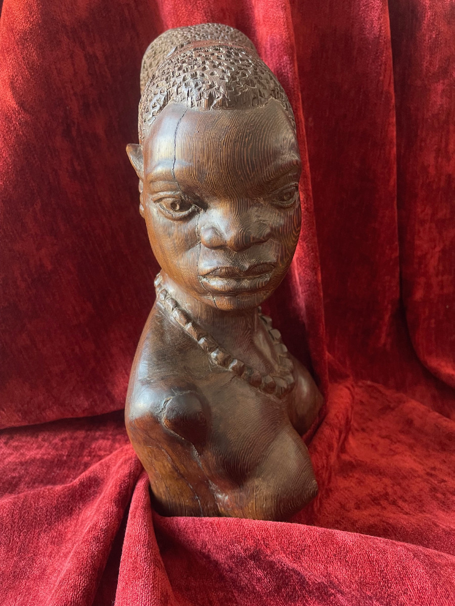 Grande sculpture signée Benoit Konongo portrait femme mangbetu Congo Afrique-photo-2