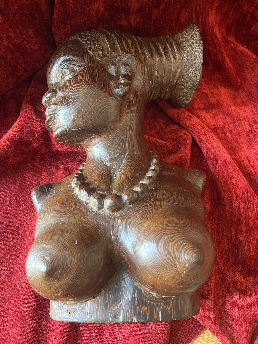 Grande sculpture signée Benoit Konongo portrait femme mangbetu Congo Afrique-photo-3