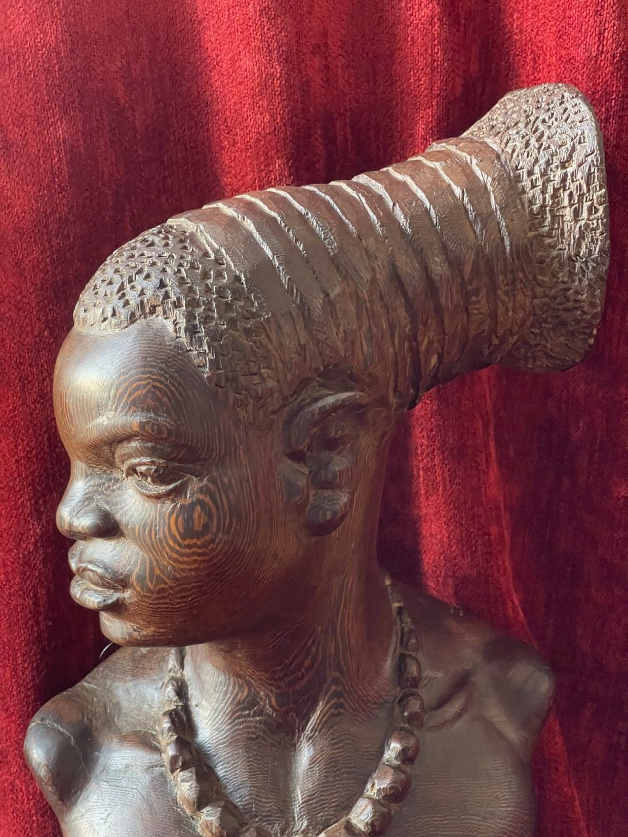 Grande sculpture signée Benoit Konongo portrait femme mangbetu Congo Afrique-photo-1