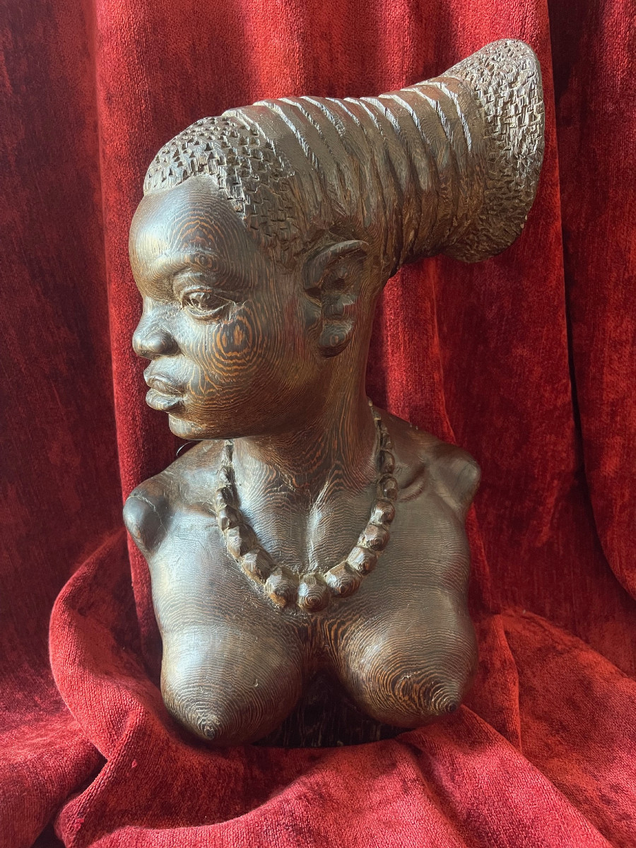 Grande sculpture signée Benoit Konongo portrait femme mangbetu Congo Afrique