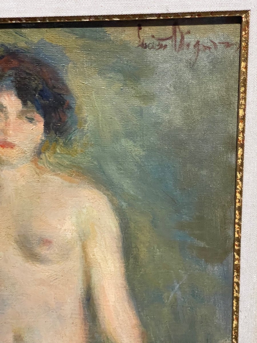 Large Signed Portrait Painting Of A Female Nude By Lucien Mignon, A Student Of Renoir, Oil On Canvas & Frame -photo-2