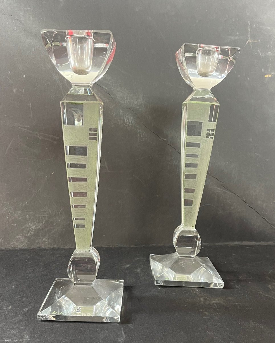 Pair Of Anatole Riecke Art Deco Candlesticks Signed And Dated 1939 Cubism-photo-2