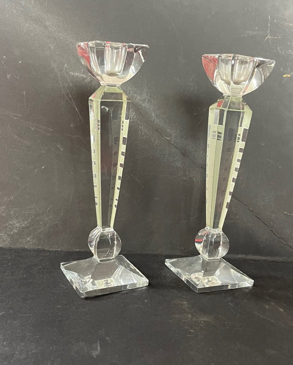 Pair Of Anatole Riecke Art Deco Candlesticks Signed And Dated 1939 Cubism-photo-3