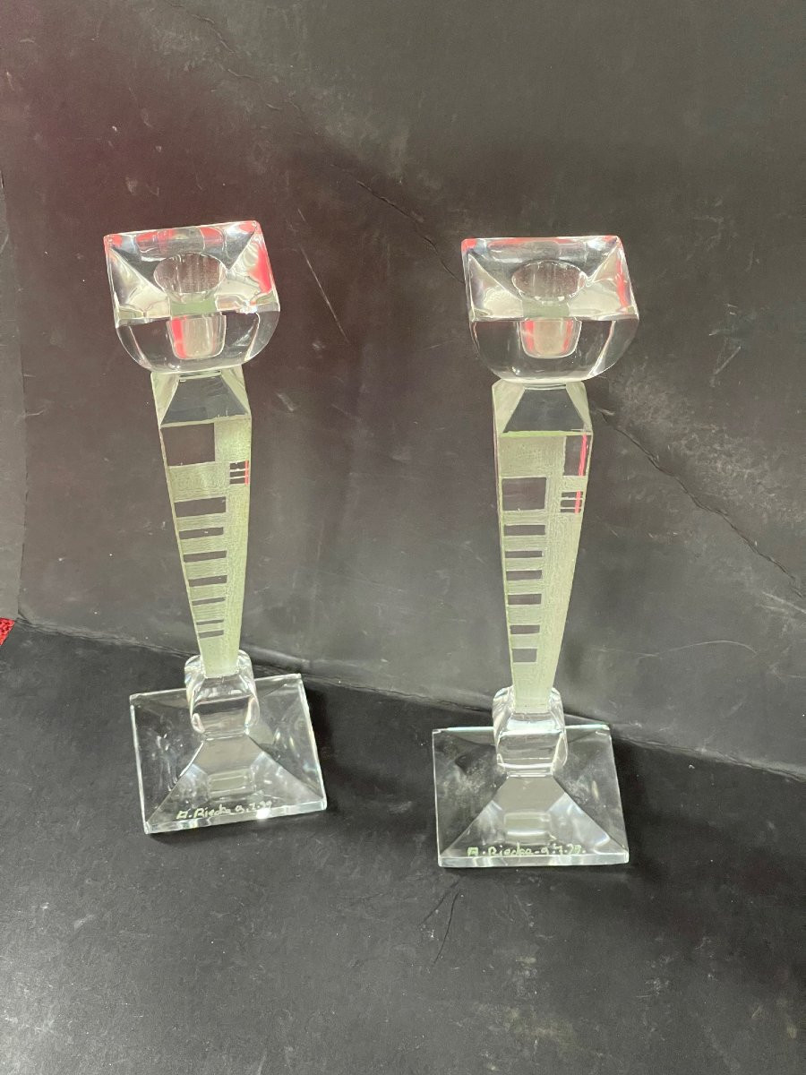 Pair Of Anatole Riecke Art Deco Candlesticks Signed And Dated 1939 Cubism-photo-4