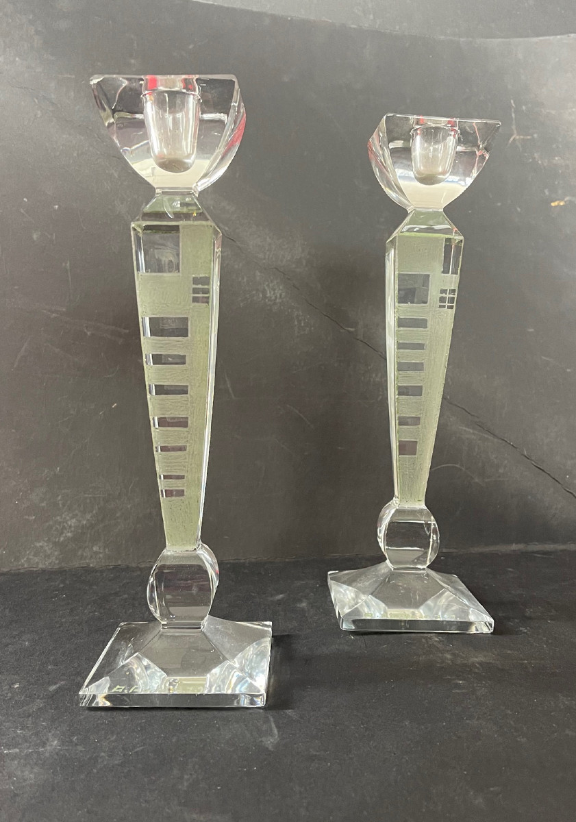 Pair Of Anatole Riecke Art Deco Candlesticks Signed And Dated 1939 Cubism