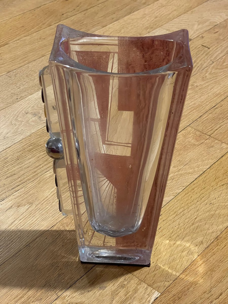 Large Art Deco Vase Anatole Riecke Signed Dated 1937 Cubism Vere Metal & Mother-of-pearl-photo-4
