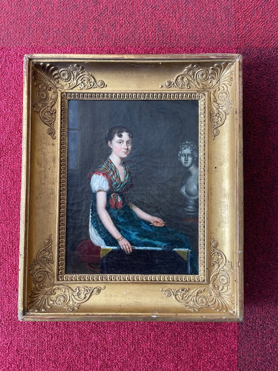 Painting Empire Young Woman Artist Painter Portrait Oil On Canvas-photo-4