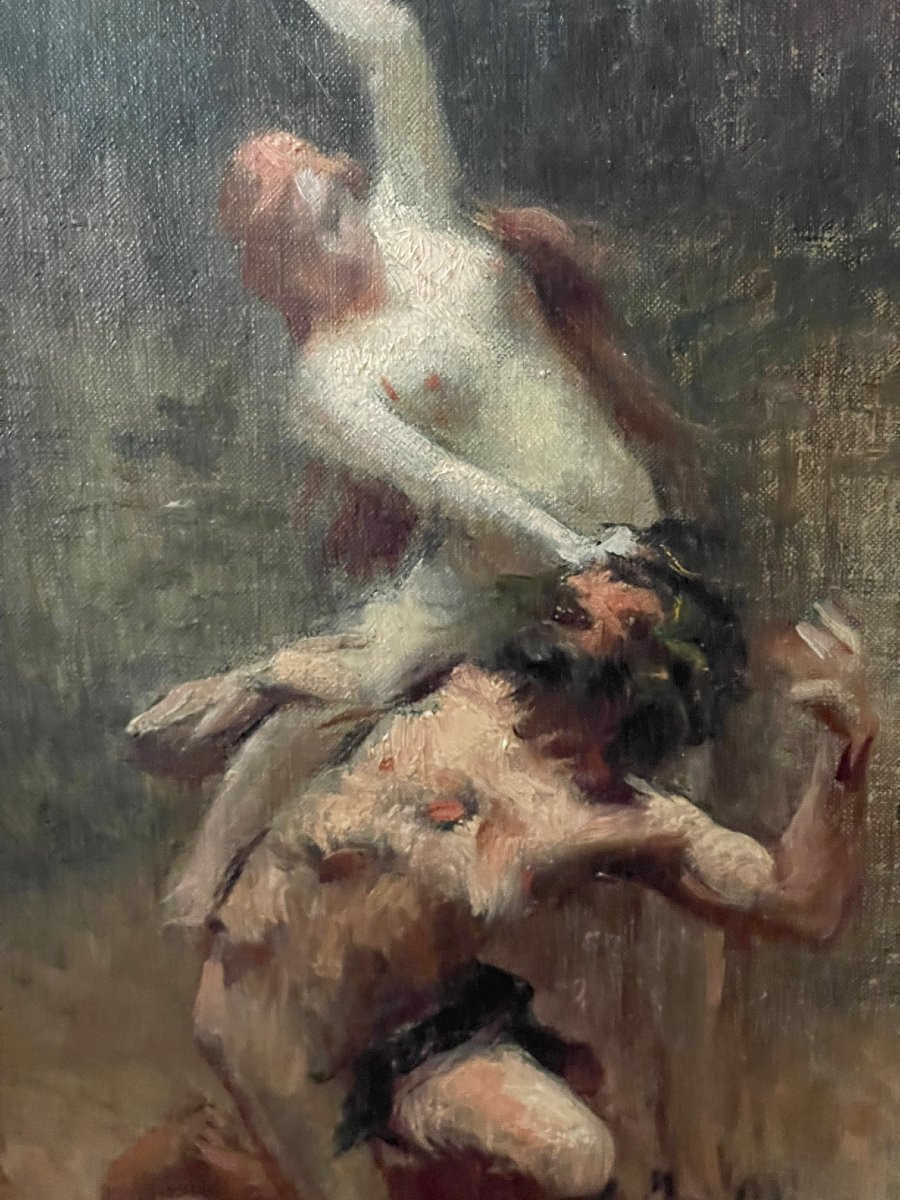 Esquisse XIXe tableau mythologie huile toile ? Fantin Latour ? nymphe & faune ?-photo-2