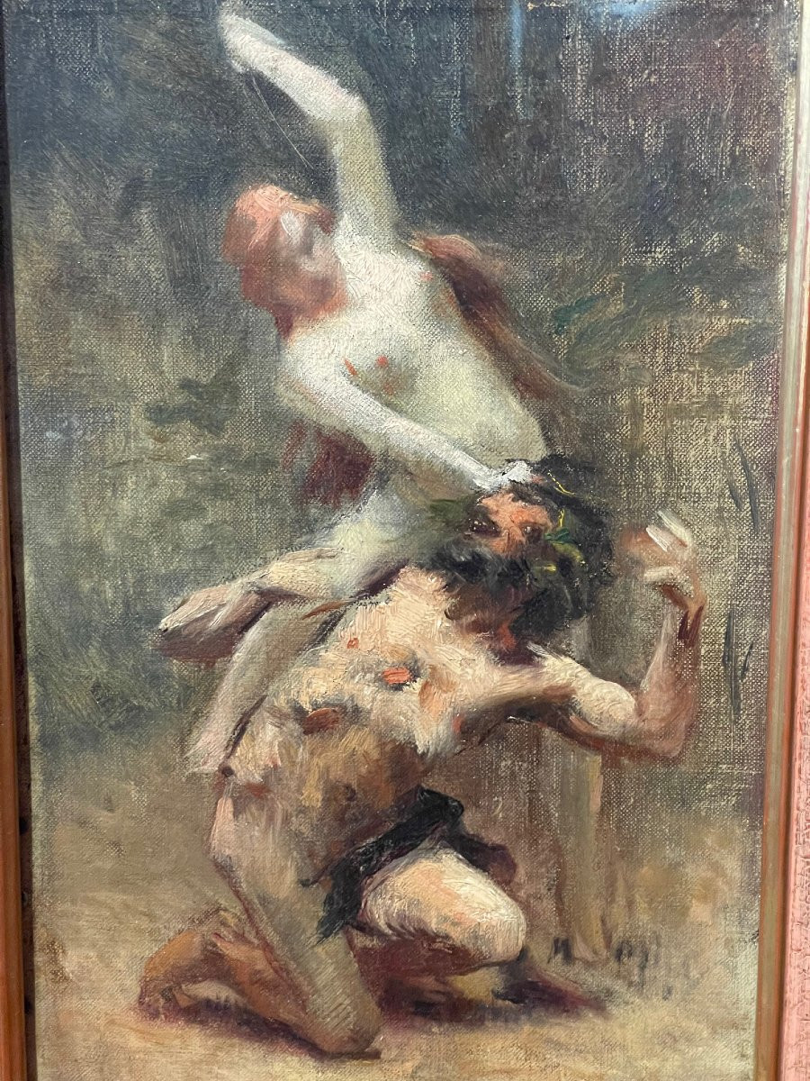 Esquisse XIXe tableau mythologie huile toile ? Fantin Latour ? nymphe & faune ?-photo-3