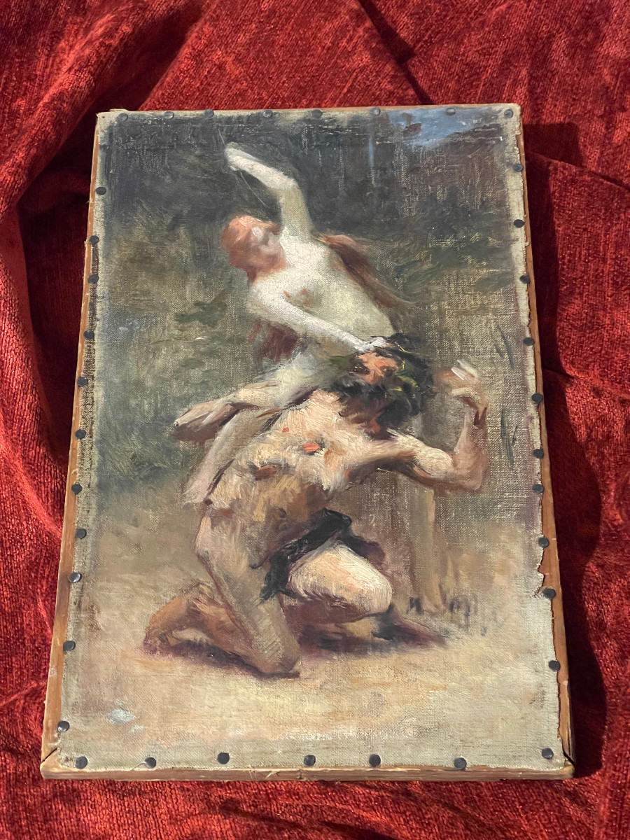 Esquisse XIXe tableau mythologie huile toile ? Fantin Latour ? nymphe & faune ?