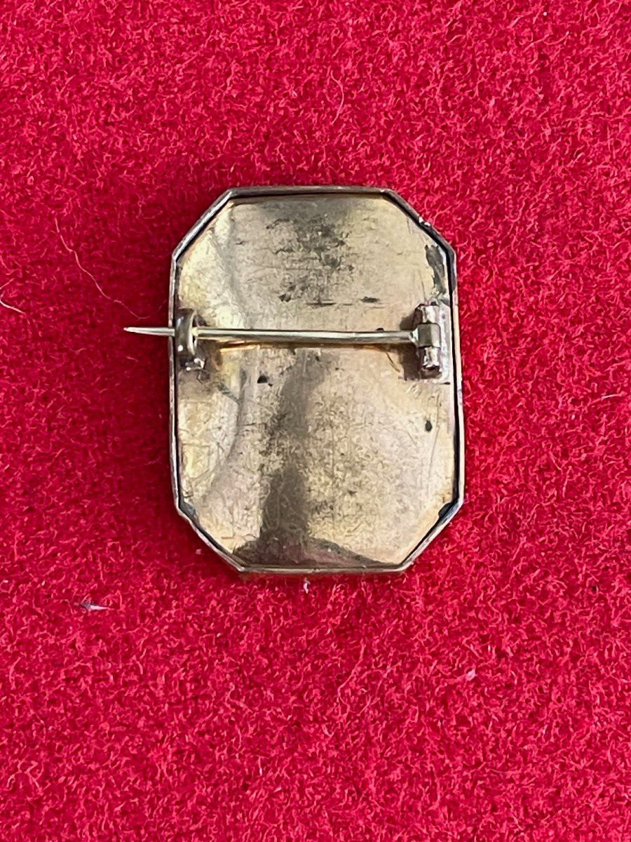 Broche XIXème portrait au chapeau à plume miniature cuivre emaillé-photo-2