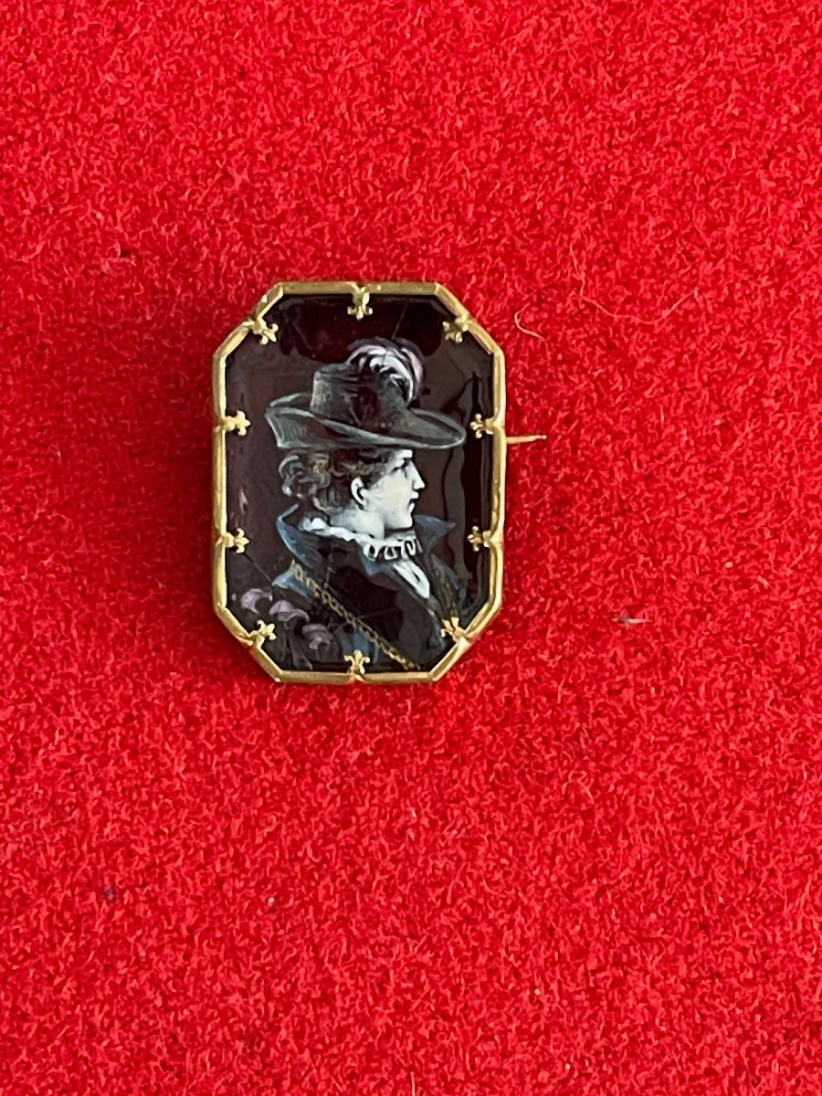 Broche XIXème portrait au chapeau à plume miniature cuivre emaillé-photo-4