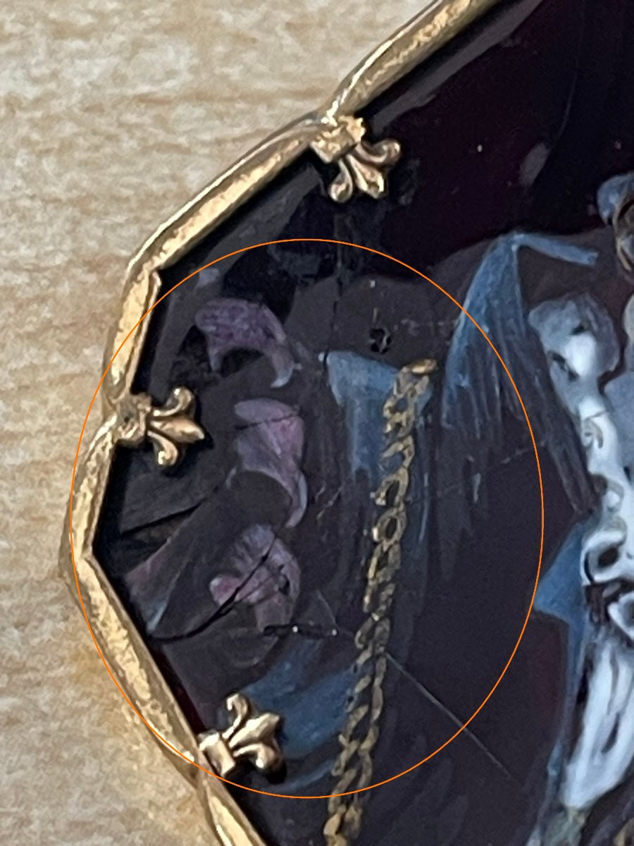 Broche XIXème portrait au chapeau à plume miniature cuivre emaillé-photo-2