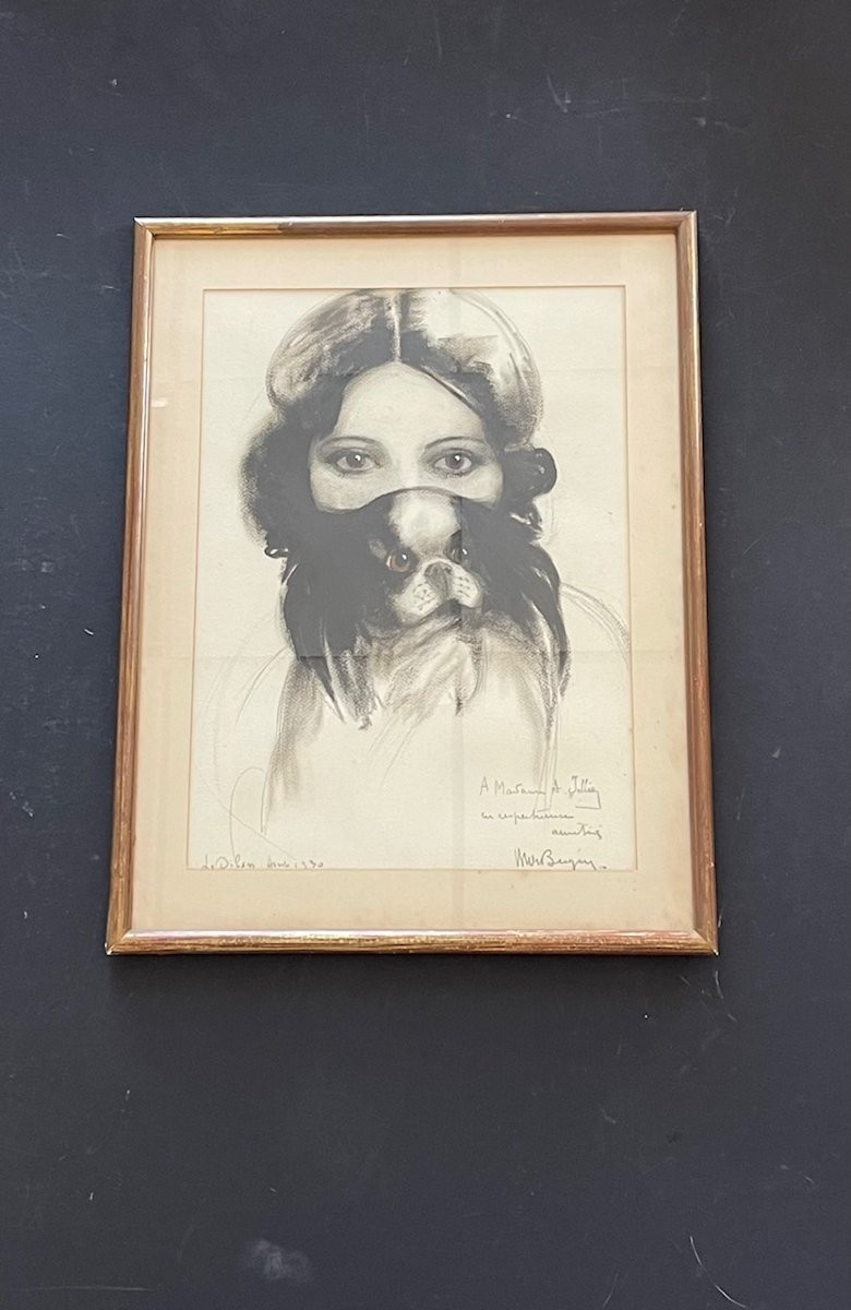 Grand tableau signé 1930 portrait femme au chien peinture France-photo-3