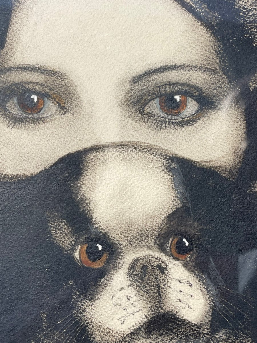 Grand tableau signé 1930 portrait femme au chien peinture France-photo-4