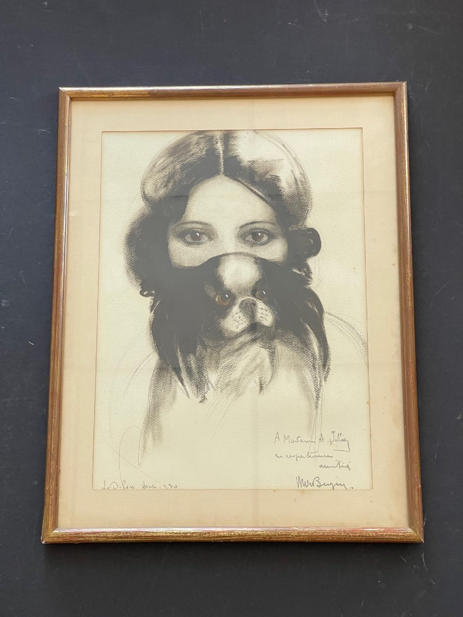 Grand tableau signé 1930 portrait femme au chien peinture France-photo-2
