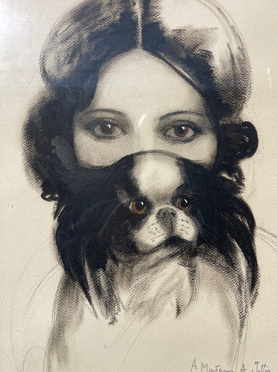 Grand tableau signé 1930 portrait femme au chien peinture France-photo-3