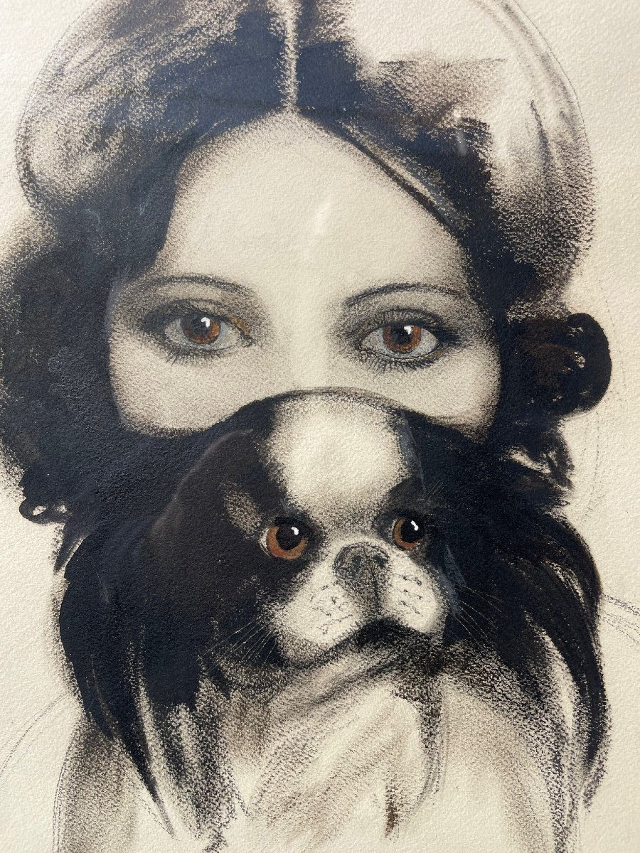 Grand tableau signé 1930 portrait femme au chien peinture France-photo-4