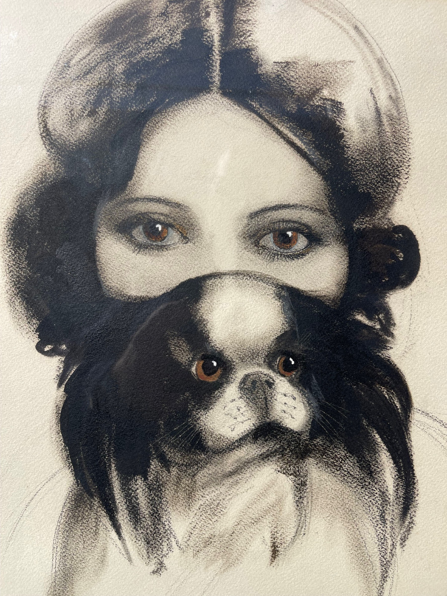 Grand tableau signé 1930 portrait femme au chien peinture France