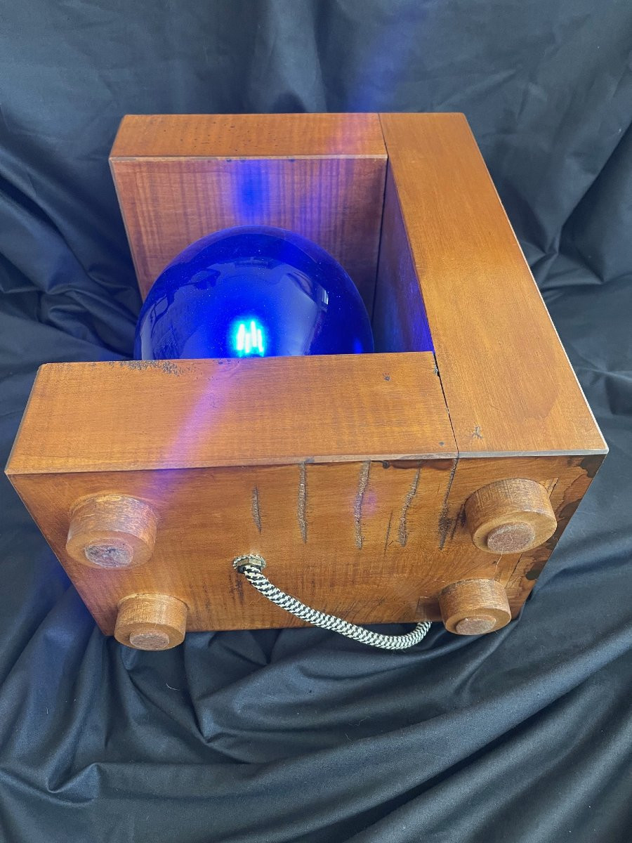 Lampe XXème brutaliste bois & verre bleu cubisme forme géométrique-photo-1