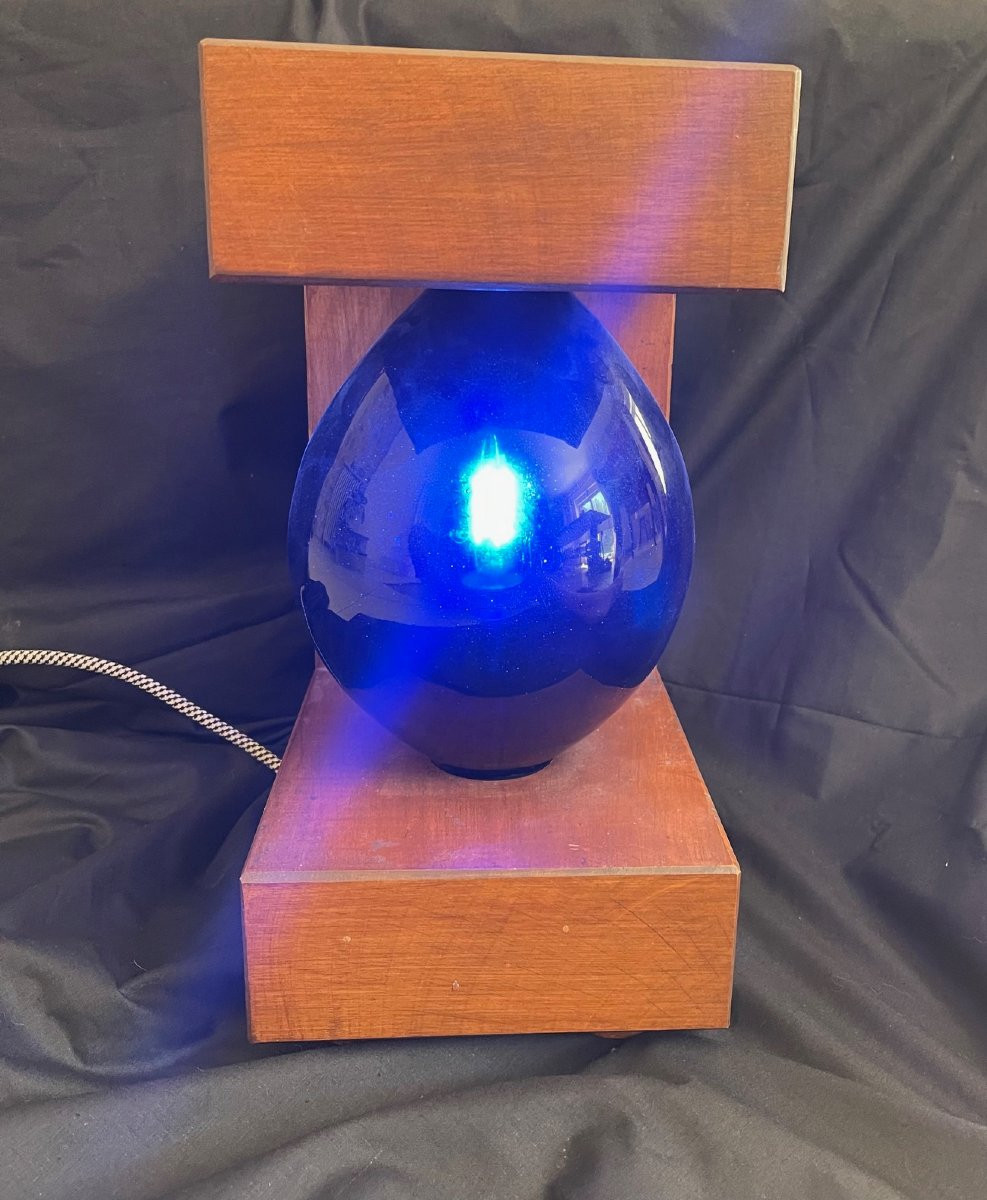 Lampe XXème brutaliste bois & verre bleu cubisme forme géométrique-photo-7
