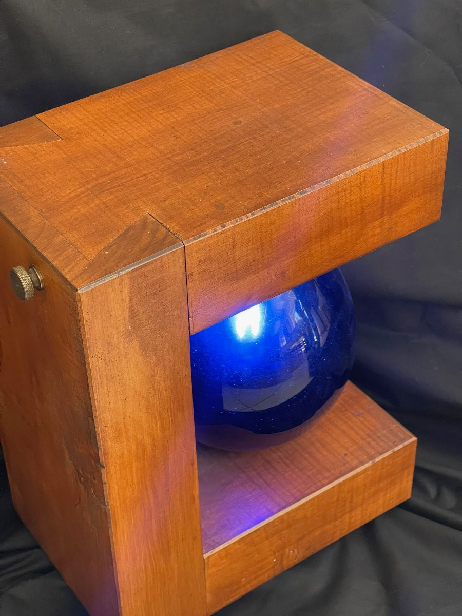 Lampe XXème brutaliste bois & verre bleu cubisme forme géométrique-photo-8