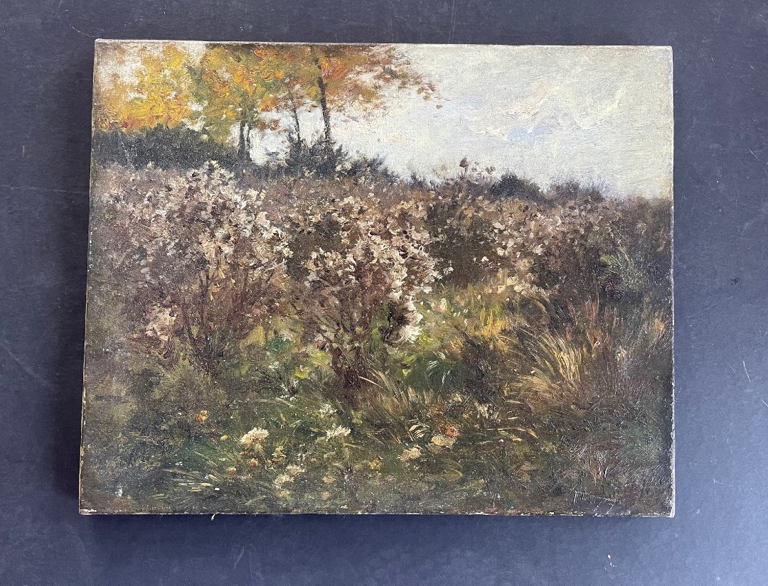 Tableau Félix de Vuillefroy huile sur toile signé paysage XIXème fleurs & prairie