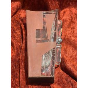 Grand vase Art Déco Anatole Riecke signé daté 1937 cubisme vere métal & nacre